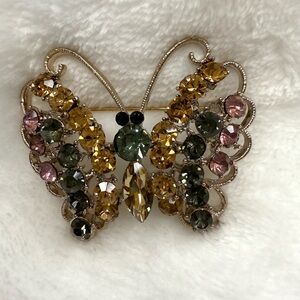 Elegant Multicolor Glass Butterfly Style Brooch Goldtone